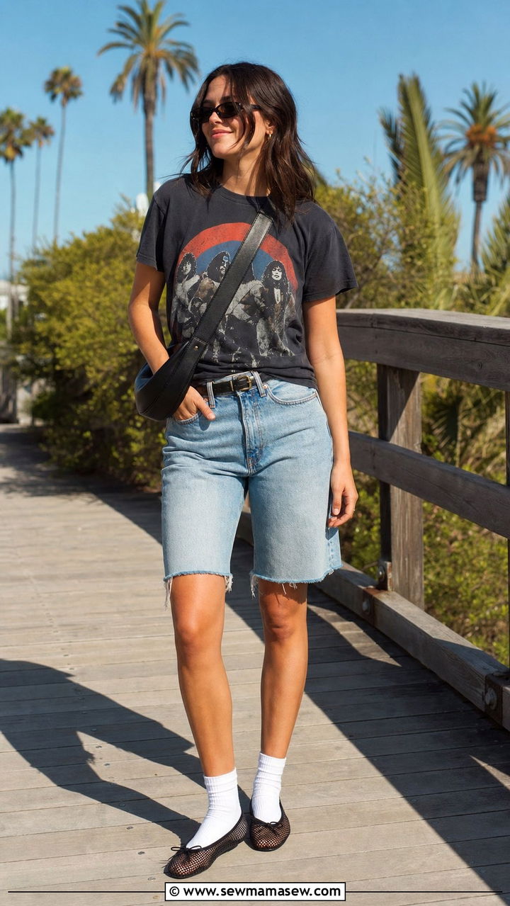 Denim Bermuda Shorts With Graphic Tee And Mesh Ballet Flats - 25 Sporty chic outfit ideas ballet