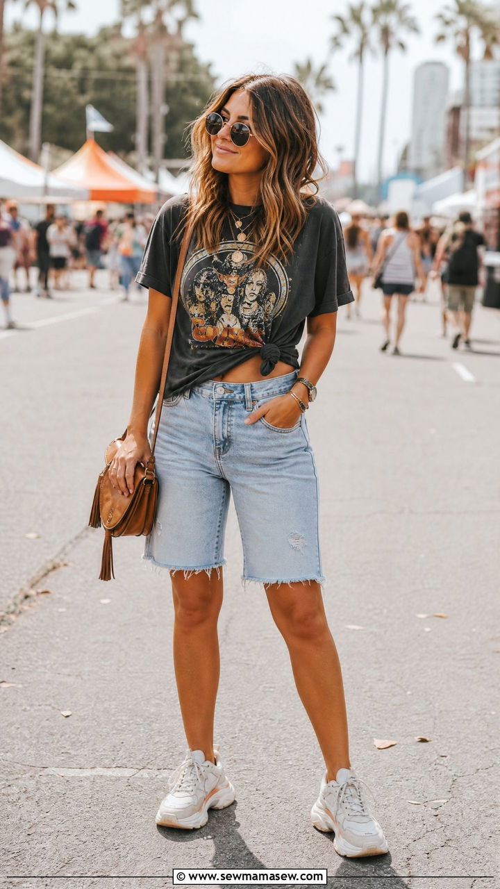 Denim Bermuda Shorts With Graphic Tee - 30 Summer outfits with bermuda shorts