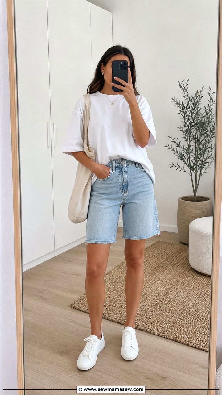 Denim Bermuda Shorts With White Tee and Sneakers - 30 Summer outfits with bermuda shorts