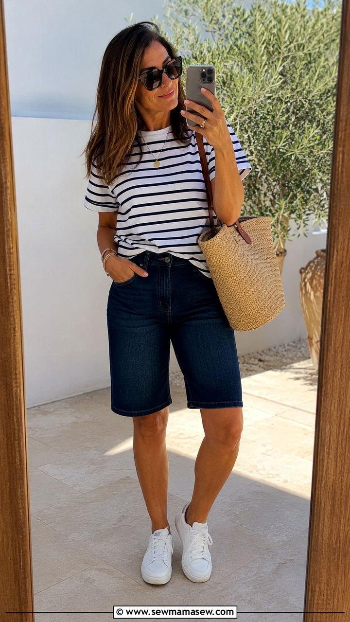 Denim Bermuda Shorts With a Striped Breton Tee - 25 bermuda shorts outfits for women over 40