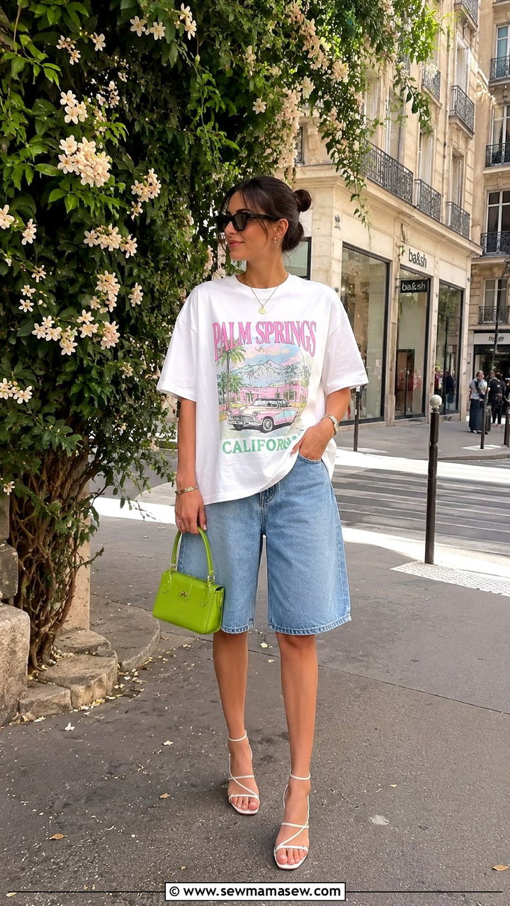 Denim Bermuda Shorts and Graphic Tee Outfit - 30 Spring brunch with friends outfits
