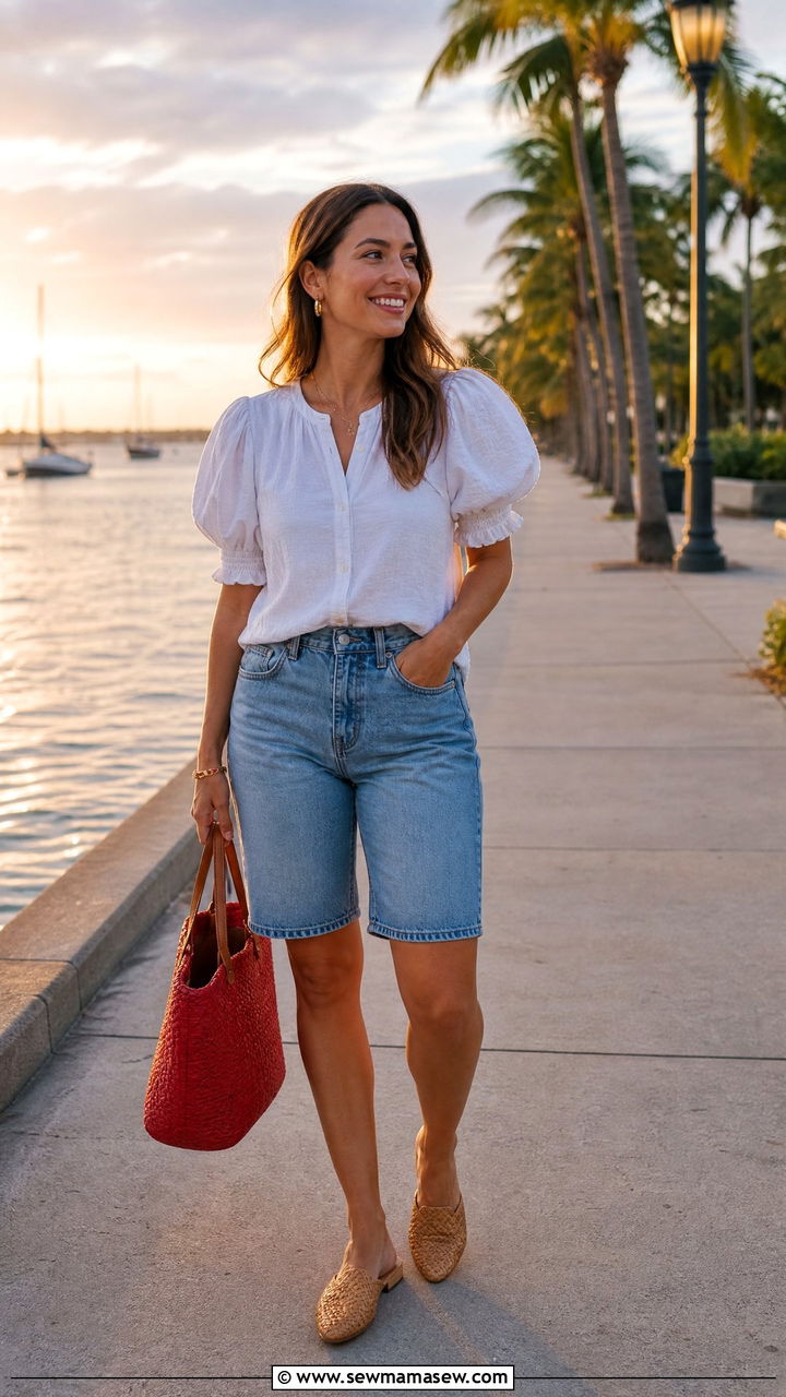 Denim Bermuda Shorts with a White Blouse and Woven Mules - 35 Memorial Day weekend outfit ideas