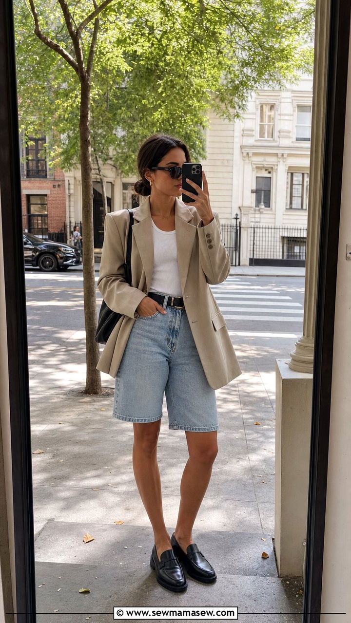 Denim Bermuda shorts with blazer and loafers - 25 Spring outfits with bermuda shorts