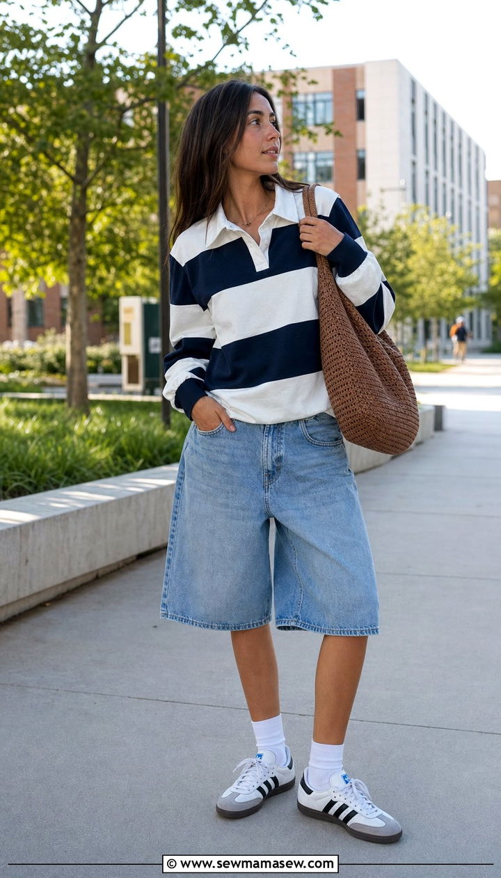 Denim Bermuda shorts with rugby polo - 25 Spring outfits with bermuda shorts