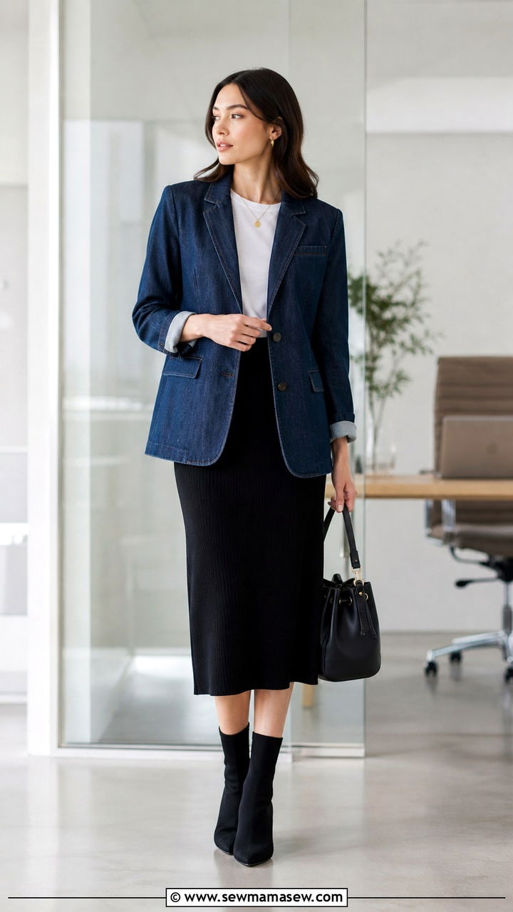 Denim Blazer With Black Midi Skirt - 40 spring business casual outfits