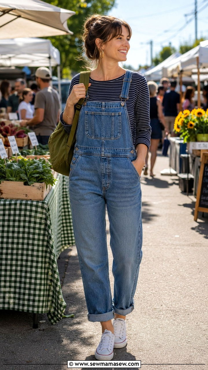 Denim Blue Overalls With Striped Tee Outfit - 30 Denim blue outfit ideas