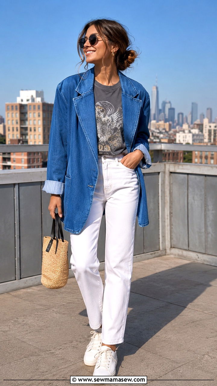 Denim Blue Oversized Blazer With Vintage Tee and White Jeans - 30 Oversized blazer outfit ideas with a t-shirt