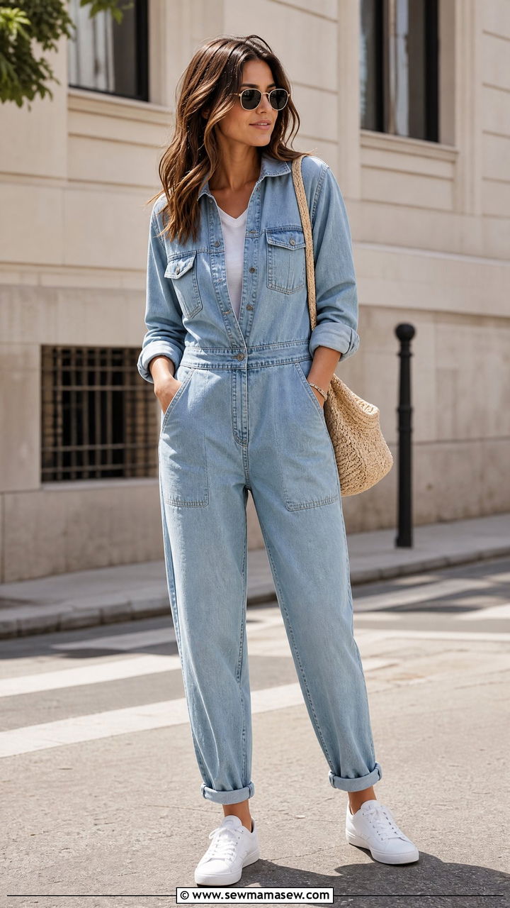 Denim Boiler Suit and White Tee Layered Underneath - 30 summer utility chic outfit ideas