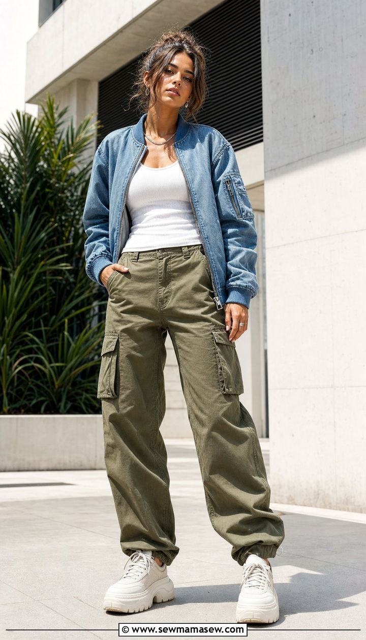 Denim Bomber Jacket With Cargo Pants And Chunky Sneakers - 25 Summer outfits with bomber jackets