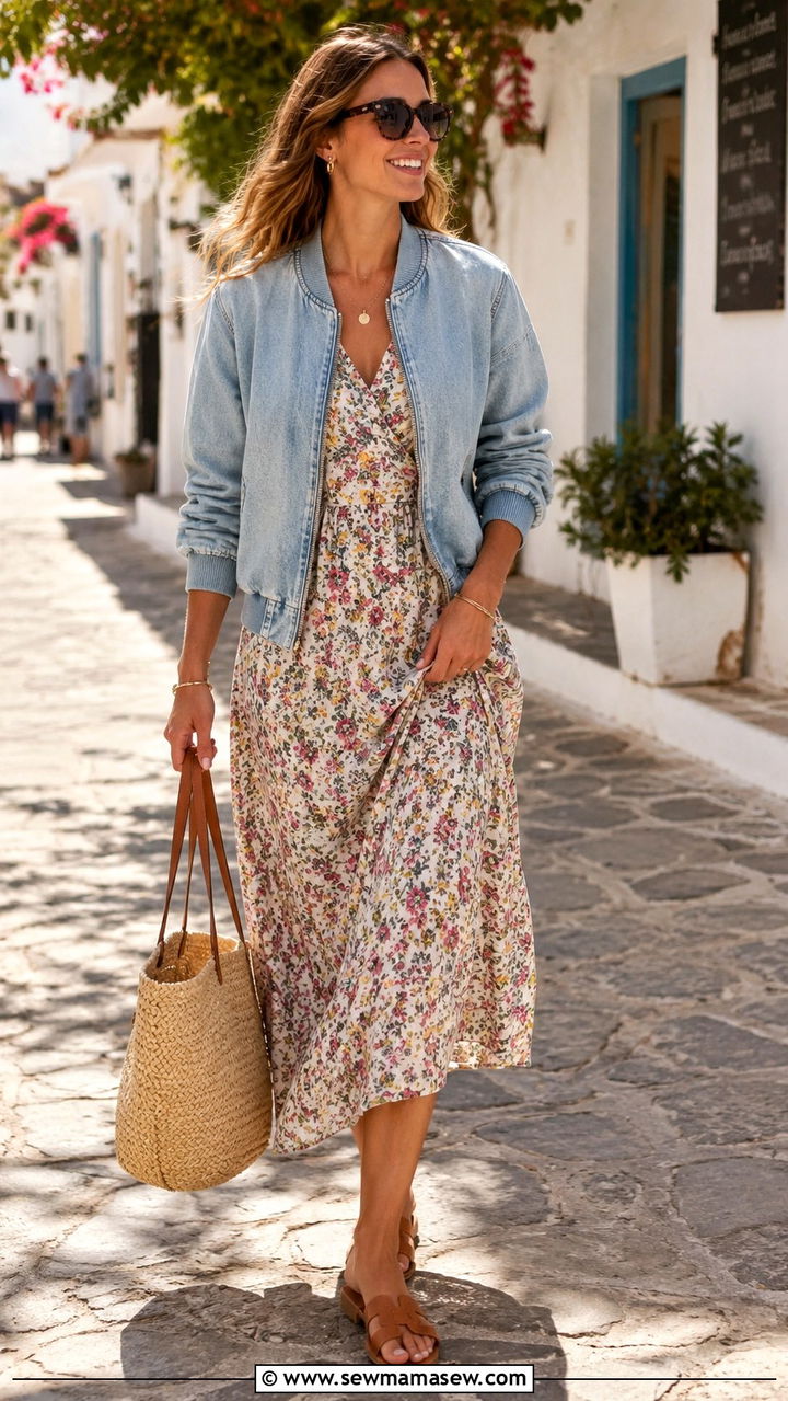 Denim Bomber Jacket With Summer Dress - 25 bomber jacket outfits for women over 40
