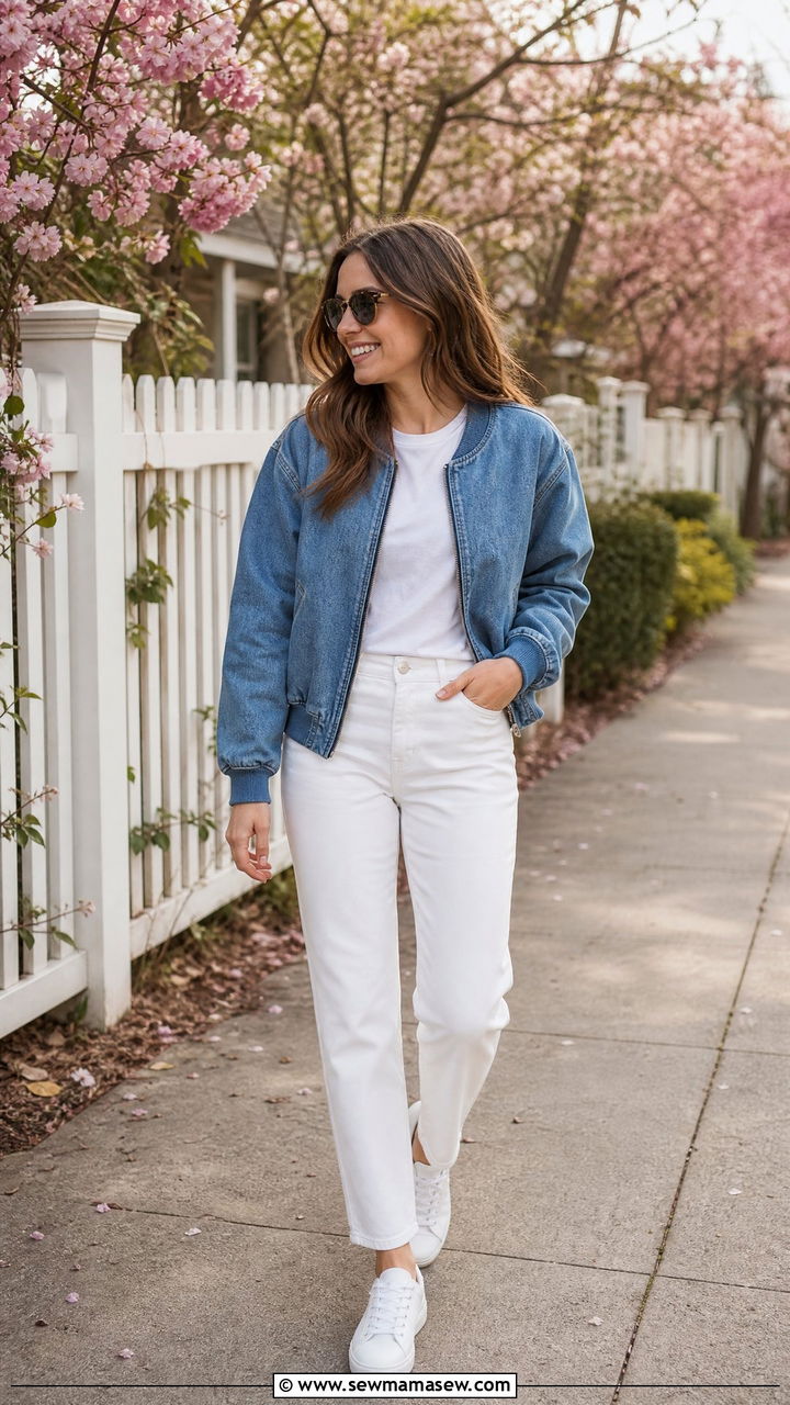 Denim Bomber Jacket With White Jeans - 25 chic bomber jacket outfit ideas