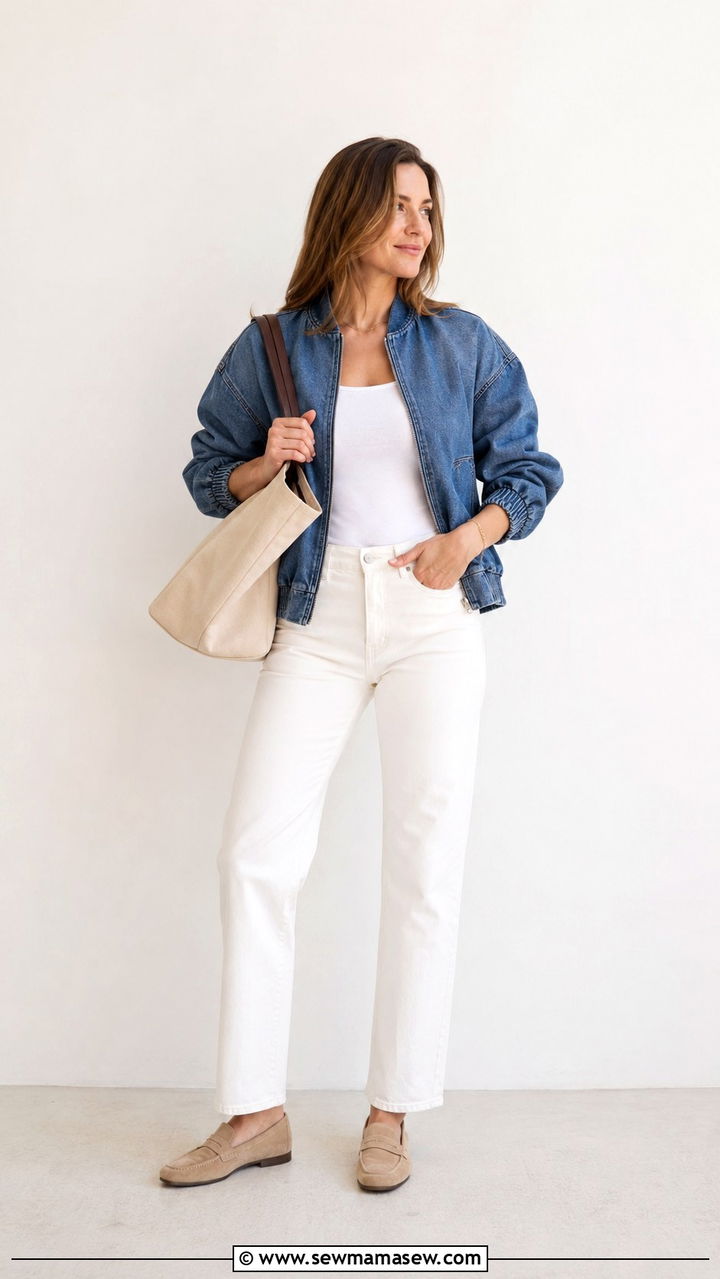 Denim Bomber Jacket With White Jeans - 30 spring bomber jacket outfit ideas