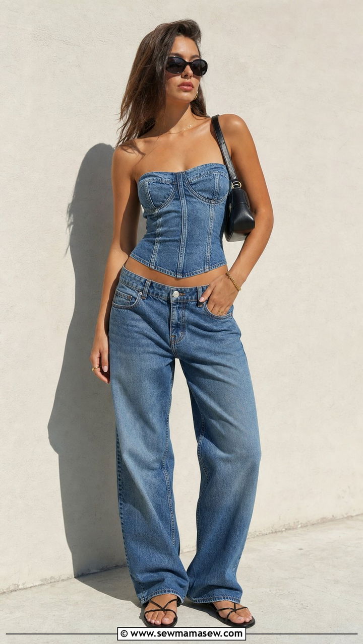 Denim Bustier Top With Low Rise Relaxed Jeans - 25 summer denim on denim outfit ideas