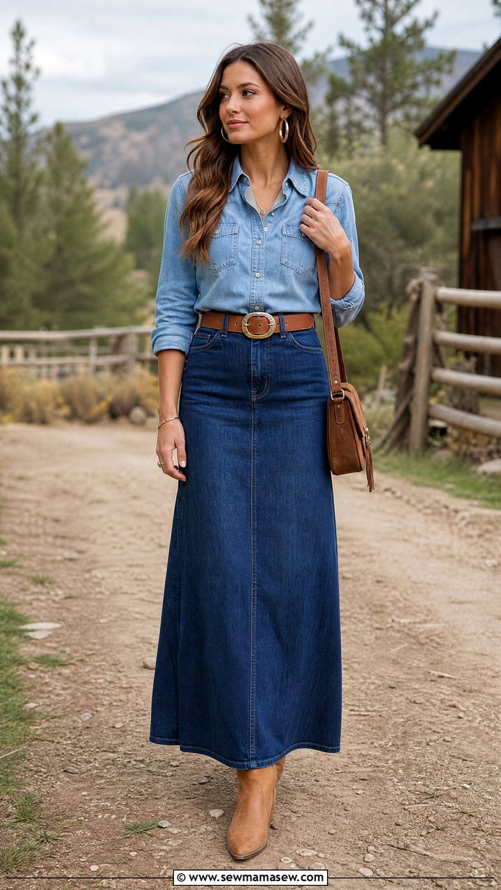 Denim Button Down Shirt and Western Boots With a Denim Maxi Skirt - 30 denim maxi skirt outfit ideas