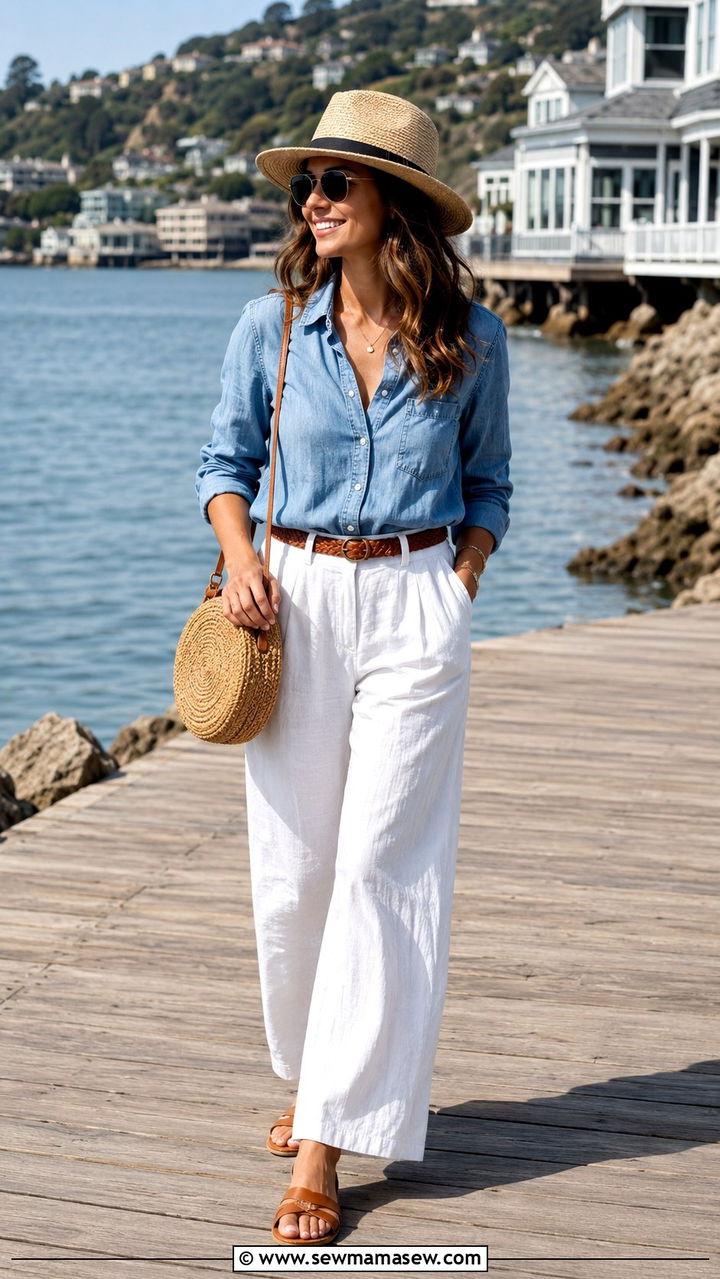 Denim Button Down Shirt and White Linen Trousers Brunch Outfit - 30 Brunch outfit ideas Bay Area