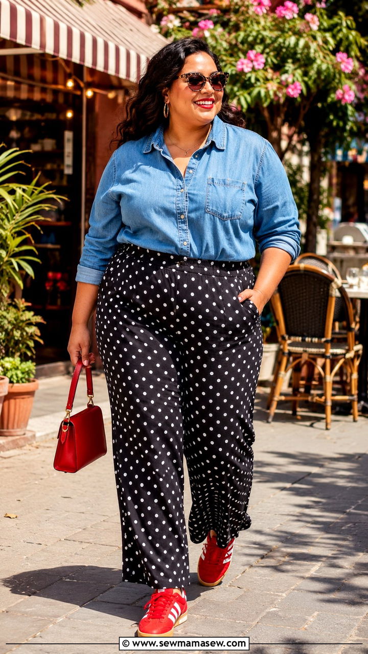 Denim Button Down Shirt with Polka Dot Wide Leg Pants - 30 Brunch outfit ideas plus size
