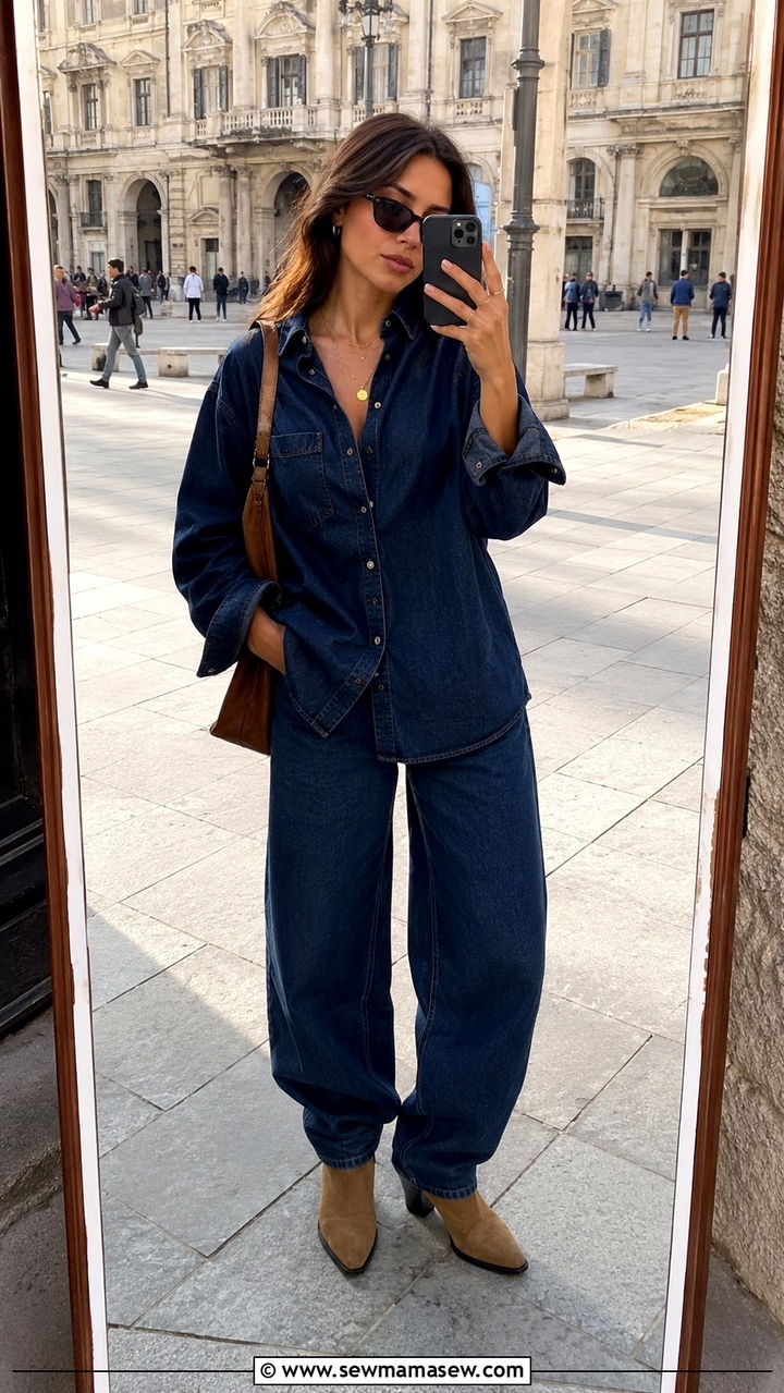 Denim Button Down With Barrel Jeans in a Matching Wash and Ankle Boots - 25 Barrel jeans outfit ideas with a button down