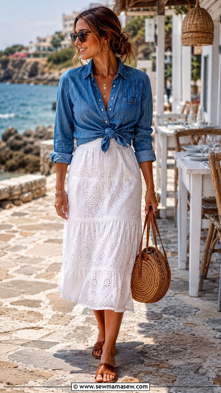 Denim Button Down With White Eyelet Midi Skirt - 30 Midi skirt outfit ideas with a button down