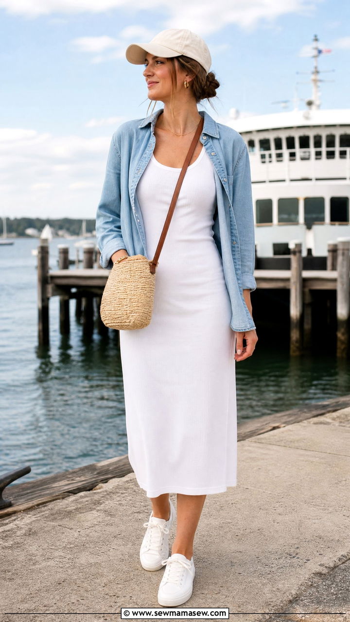 Denim Button Down over White Midi Dress - 30 Coastal grandmother summer outfits