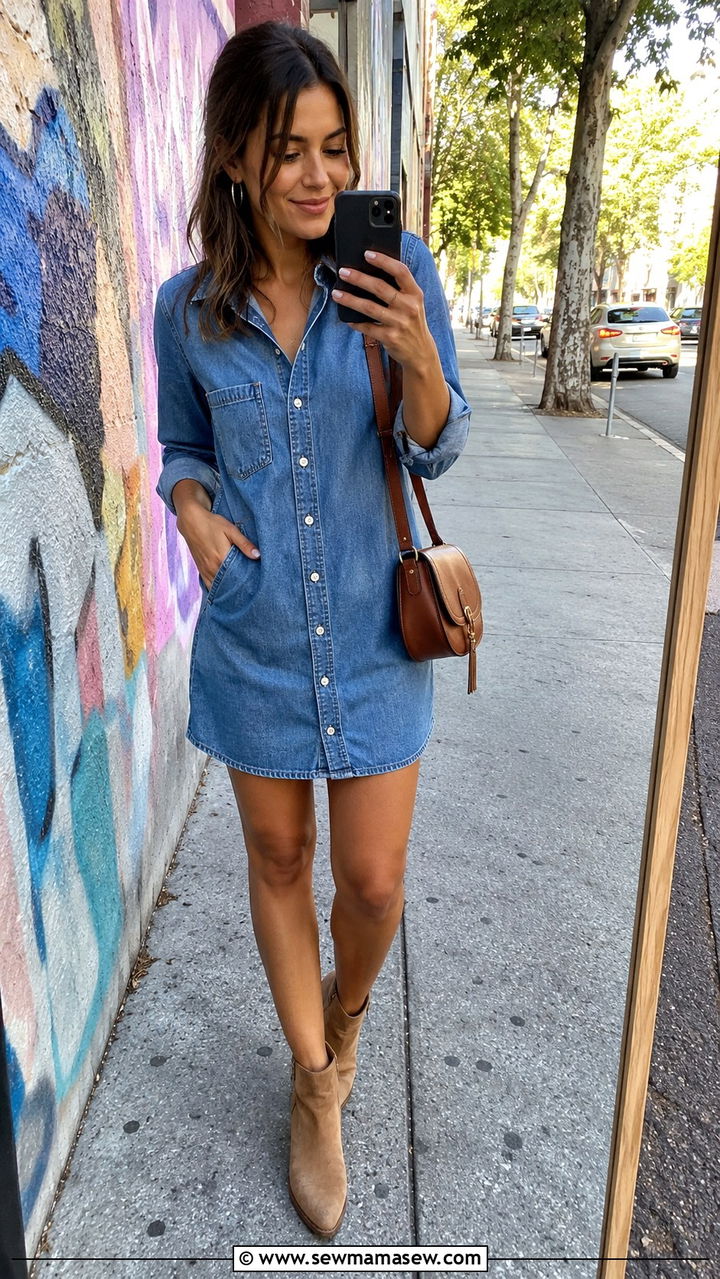 Denim Button Front Dress With Ankle Boots - 30 Petite summer dresses outfit ideas