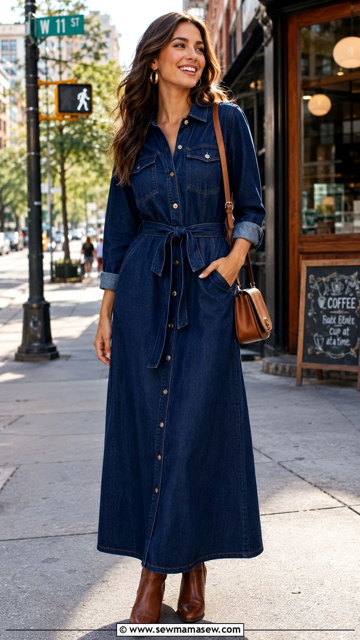 Denim Button Front Maxi Dress Outfit - 20 maxi dress outfits 2026
