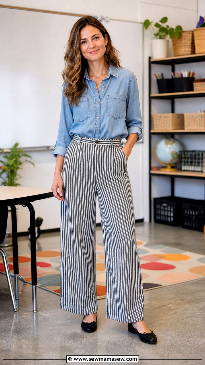 Denim Button Up Shirt With Striped Pants - 40 teacher outfits ideas