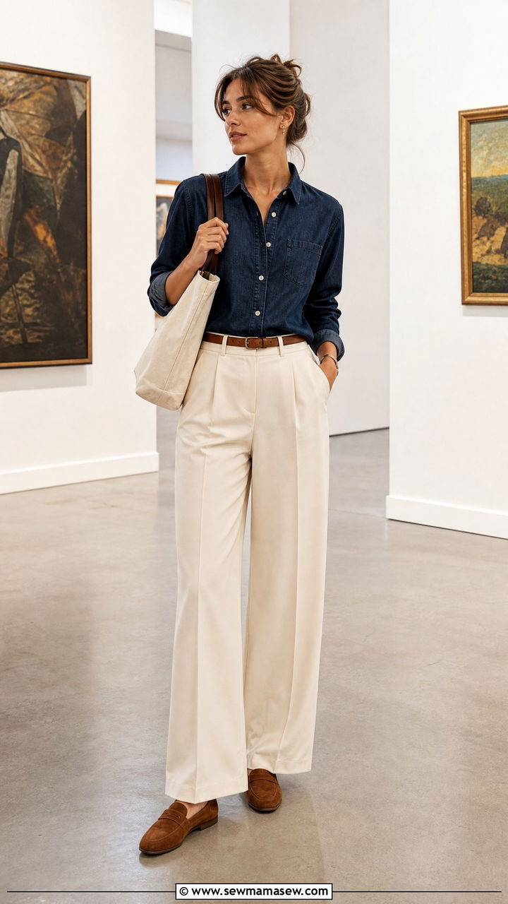 Denim Button Up and Cream Trousers - 25 Old money outfit ideas budget
