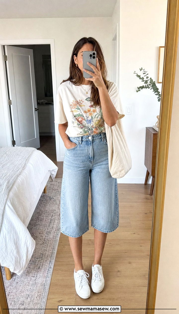 Denim Capri Pants With Graphic Tee And White Sneakers - 25 summer capri pants outfit ideas