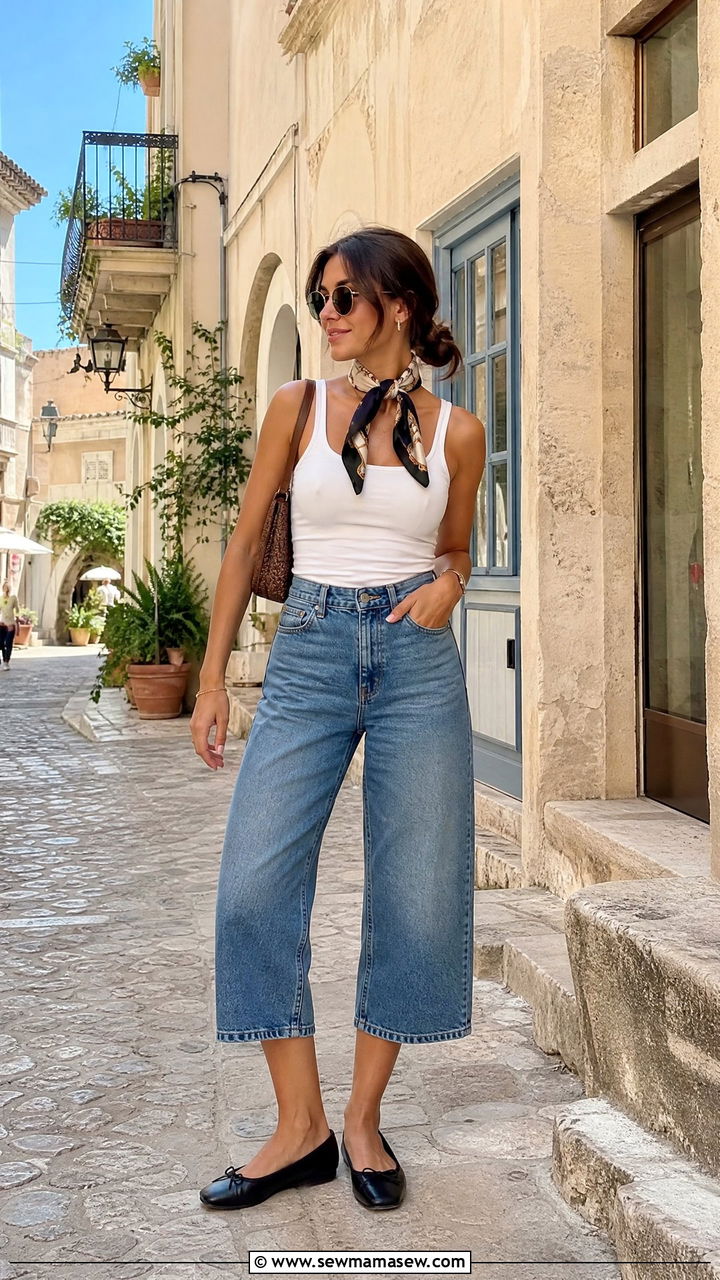 Denim Capri Pants With White Tank Top And Ballet Flats - 25 Capri outfit ideas