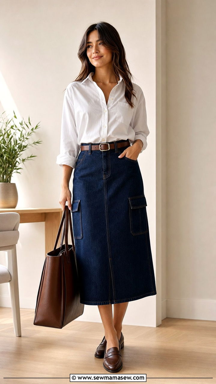 Denim Cargo Midi Skirt With Button Down Shirt And Loafers - 35 cargo skirt outfit ideas