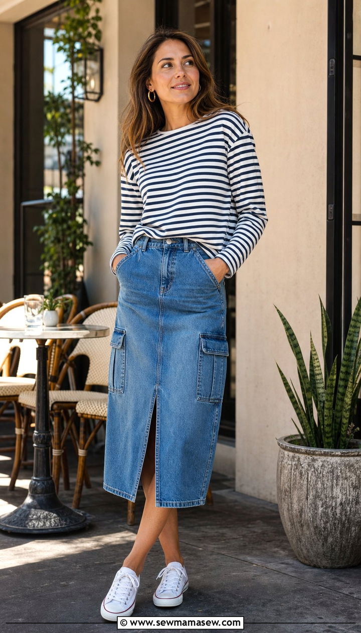 Denim Cargo Midi Skirt With Striped Breton Top And Canvas Sneakers - 35 cargo skirt outfit ideas