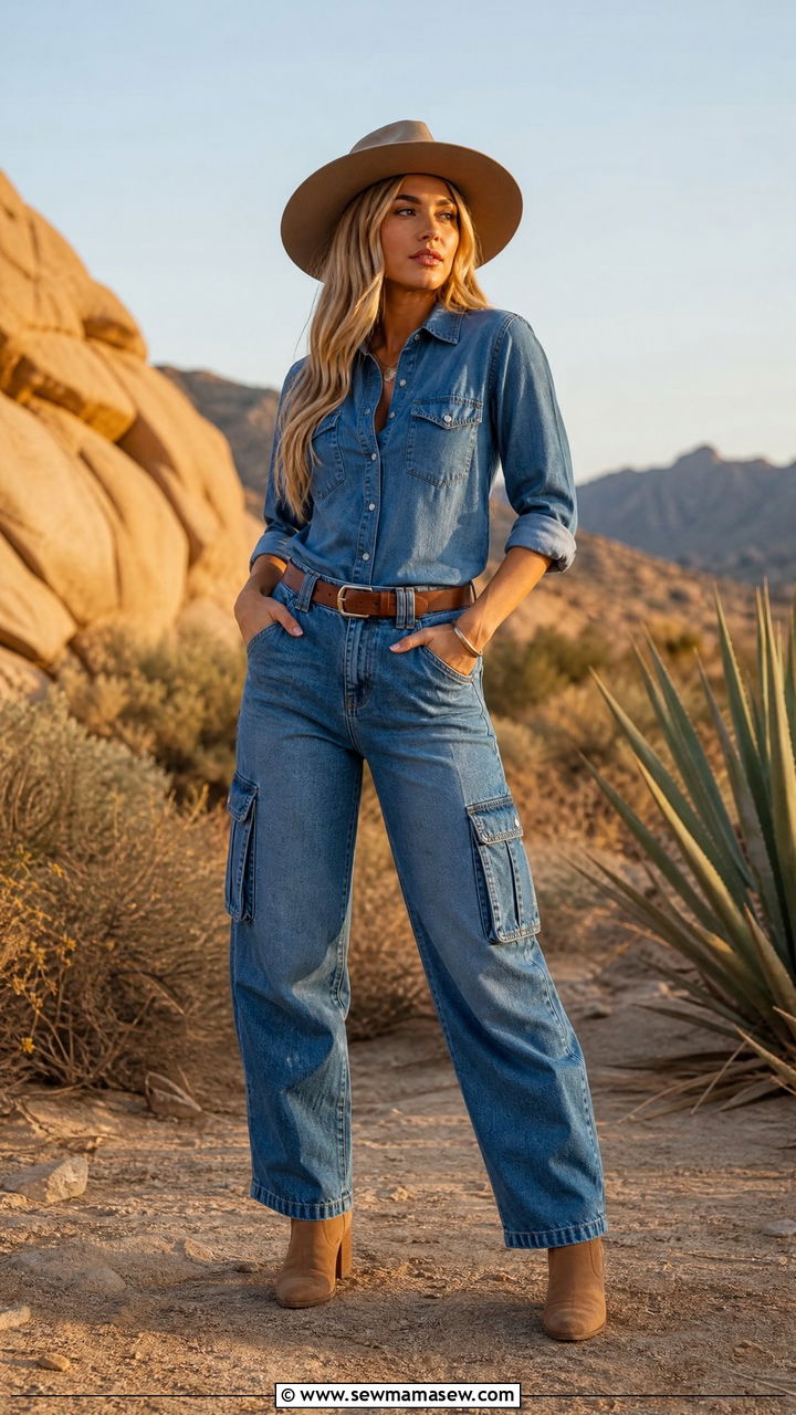 Denim Cargo Pants With A Chambray Shirt And Tan Suede Boots - 25 cargo pants outfits inspo