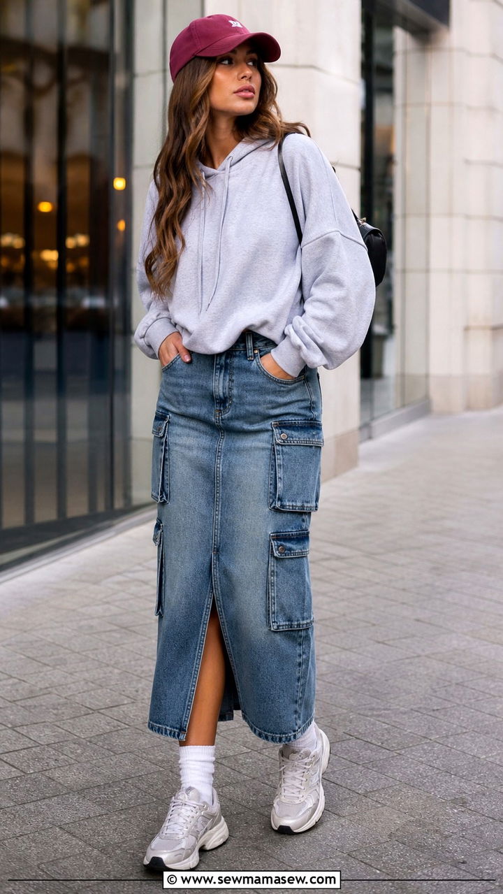 Denim Cargo Skirt With Hoodie And Sneakers - 40 casual denim skirt outfits
