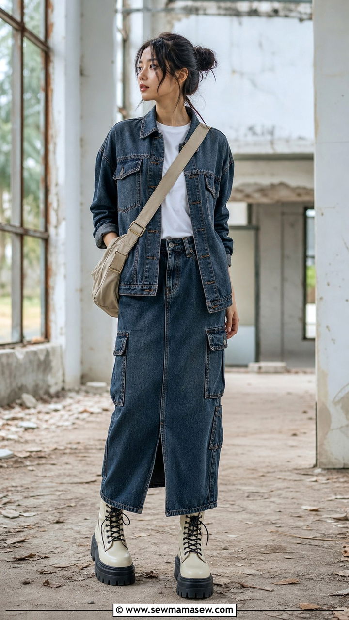 Denim Cargo Skirt With Utility Jacket - 40 casual denim skirt outfits