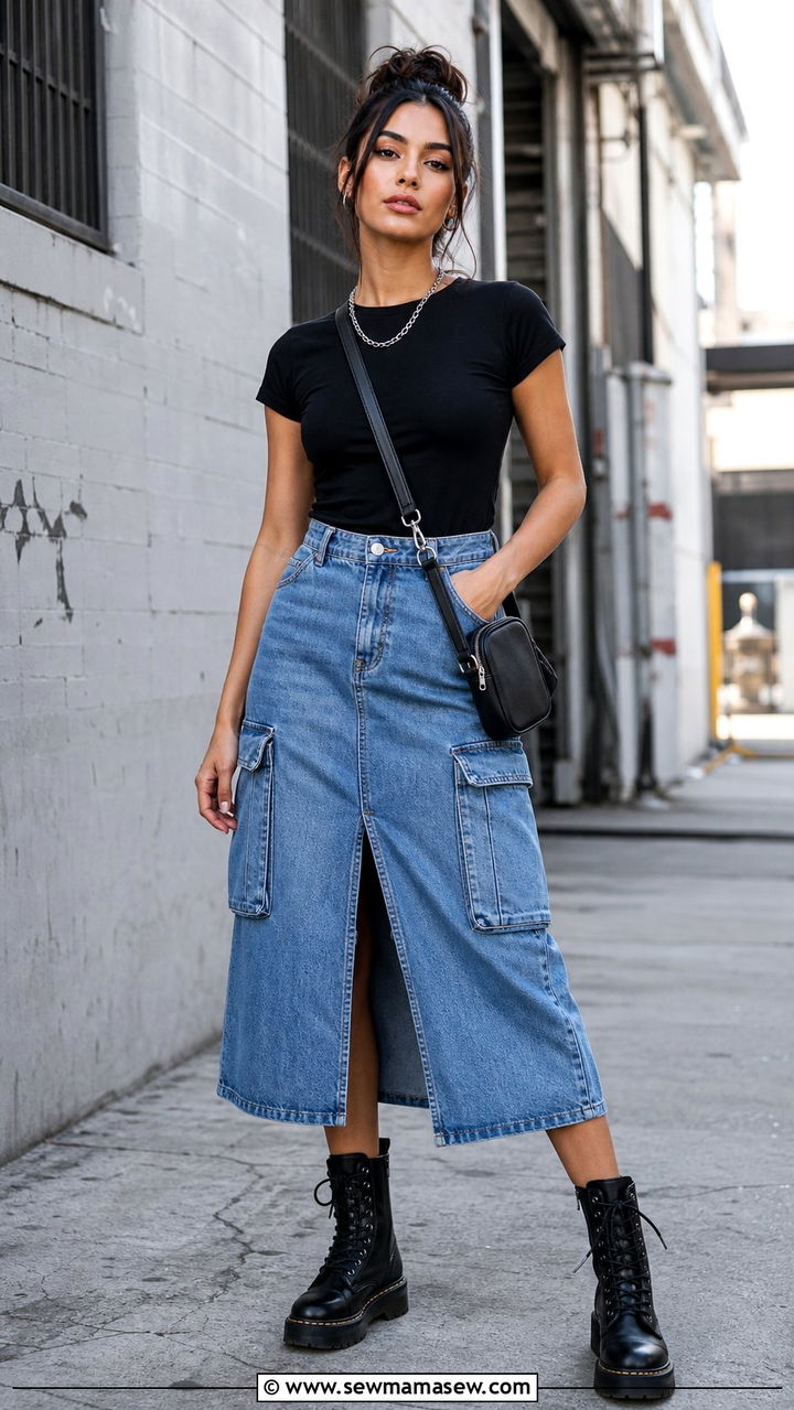 Denim Cargo Skirt with Fitted Tee and Combat Boots - 25 denim skirt outfits 2026