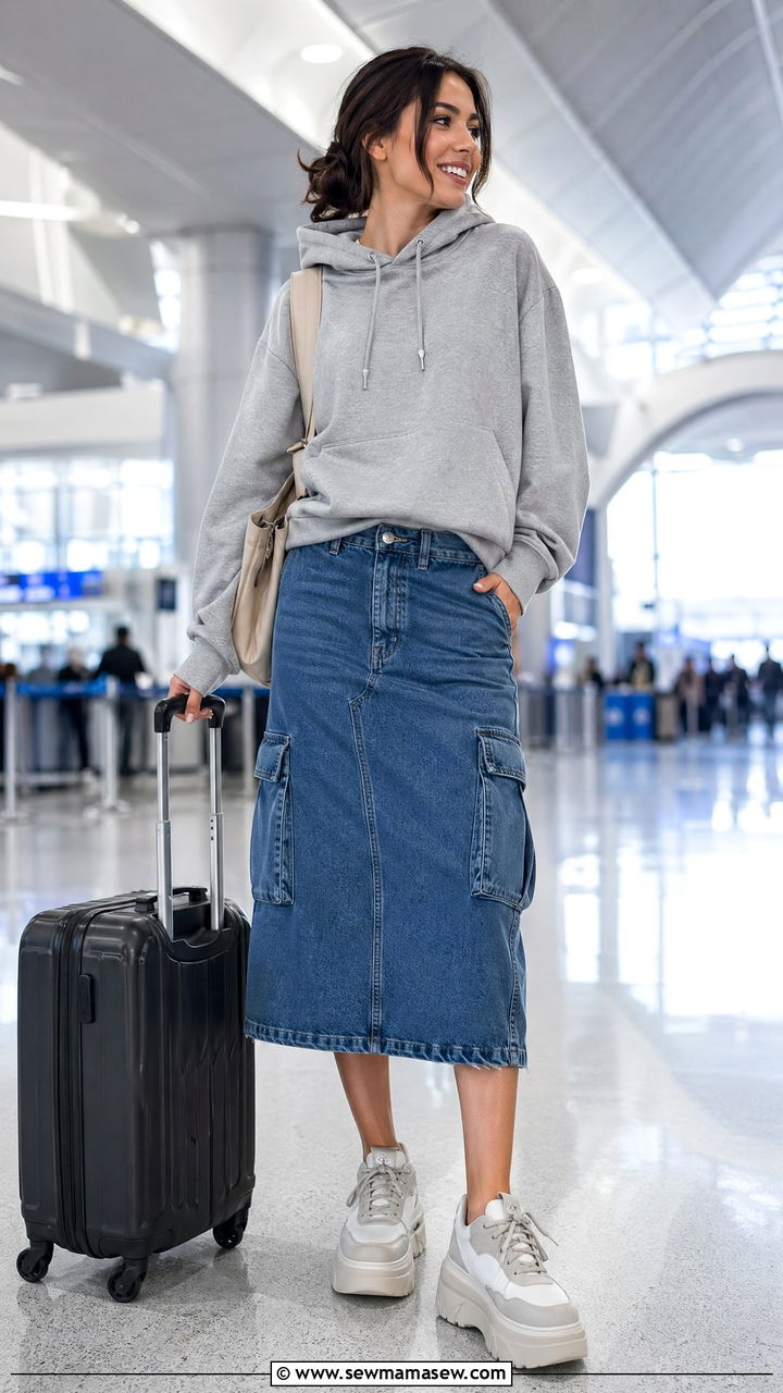 Denim Cargo Skirt with Hoodie and Platform Sneakers - 35 denim skirt outfits for women