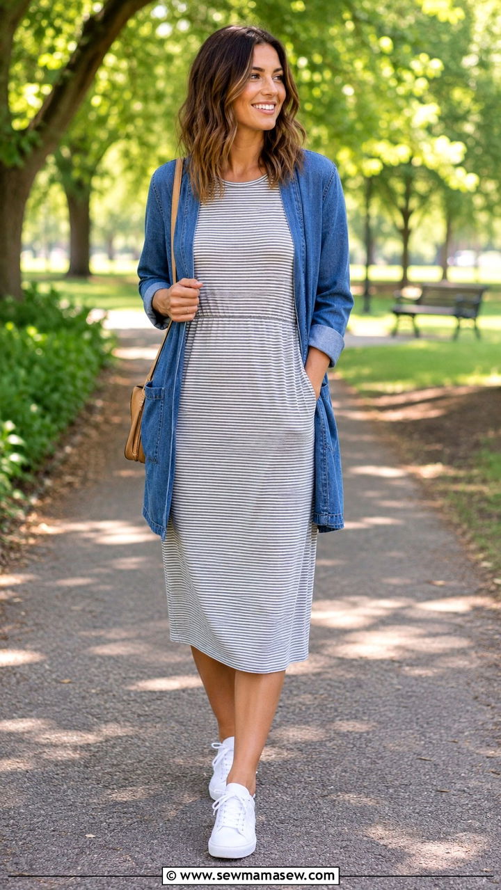 Denim Chambray Cardigan with T Shirt Midi Dress and Sneakers - 30 Midi dress outfit ideas with a cardigan
