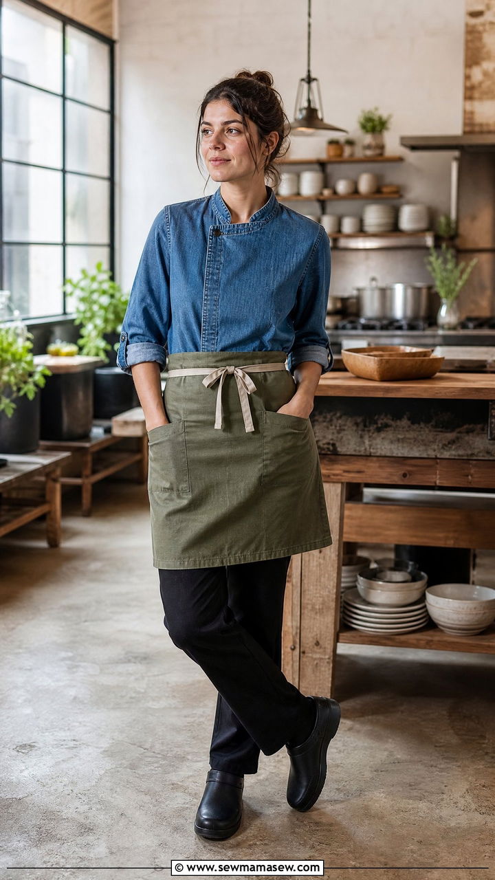 Denim Chef Shirt With Apron Outfit - 25 Chef outfit ideas for women