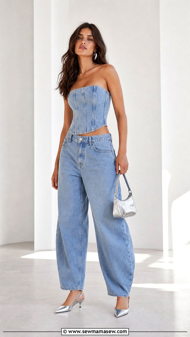 Denim Corset Top With Barrel Leg Jeans - 25 summer denim on denim outfit ideas
