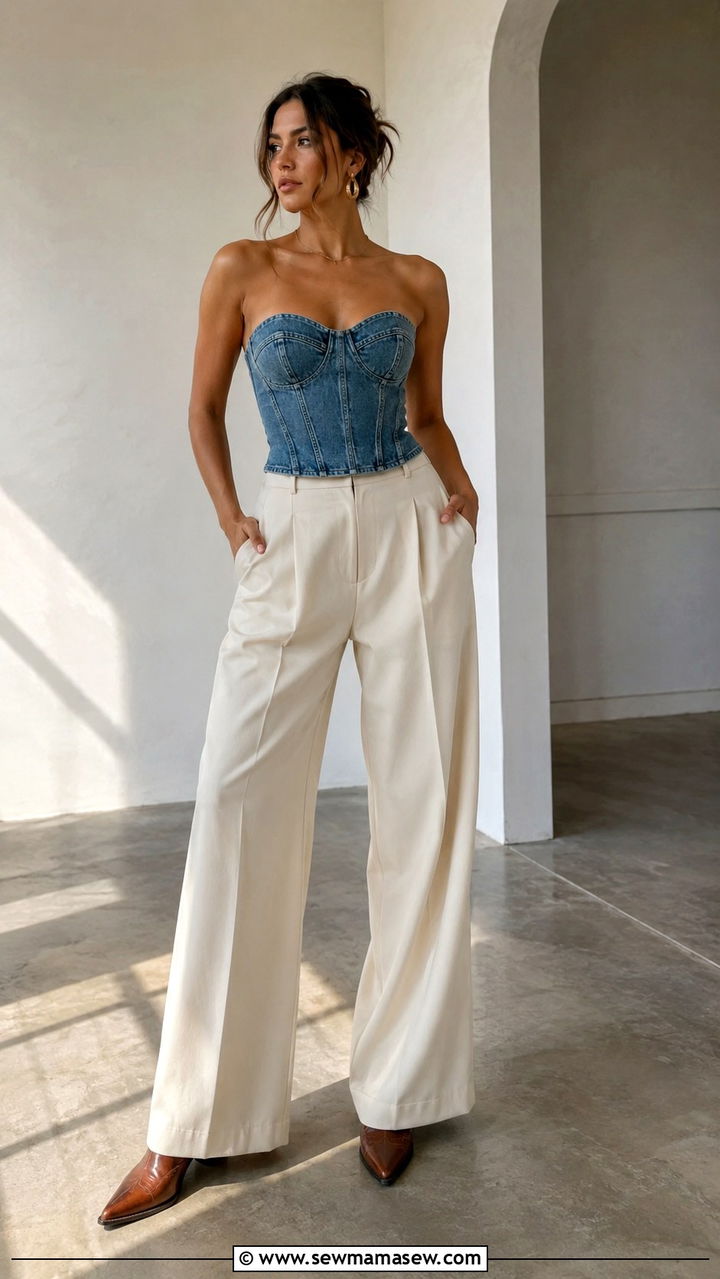 Denim Corset Top With Wide Leg Trousers - 20 Punchy outfit ideas western