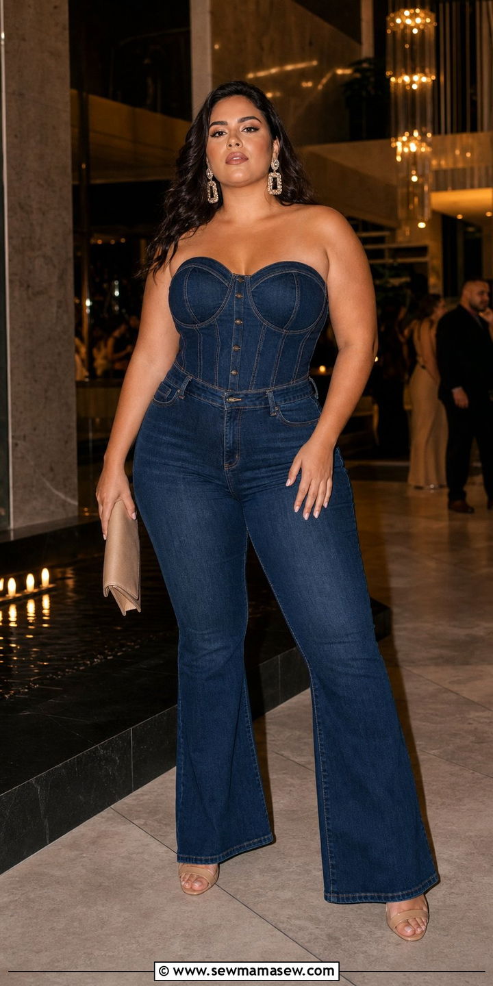Denim Corset Top and Flared Jeans - 25 Double denim outfit ideas plus size