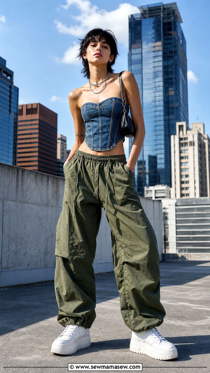 Denim Corset Top and Parachute Pants Outfit - 35 Back to school outfit ideas 11th grade