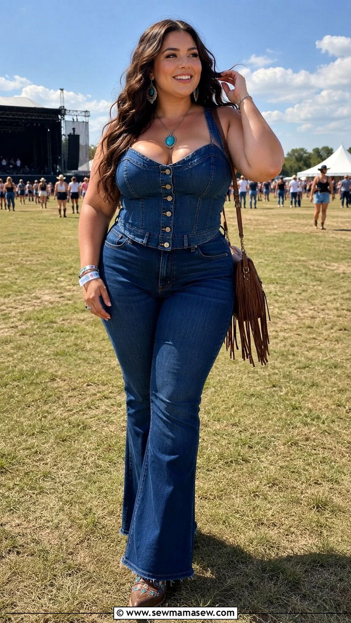 Denim Corset Vest With Flare Jeans And Cowboy Boots - 30 Plus size concert outfit ideas