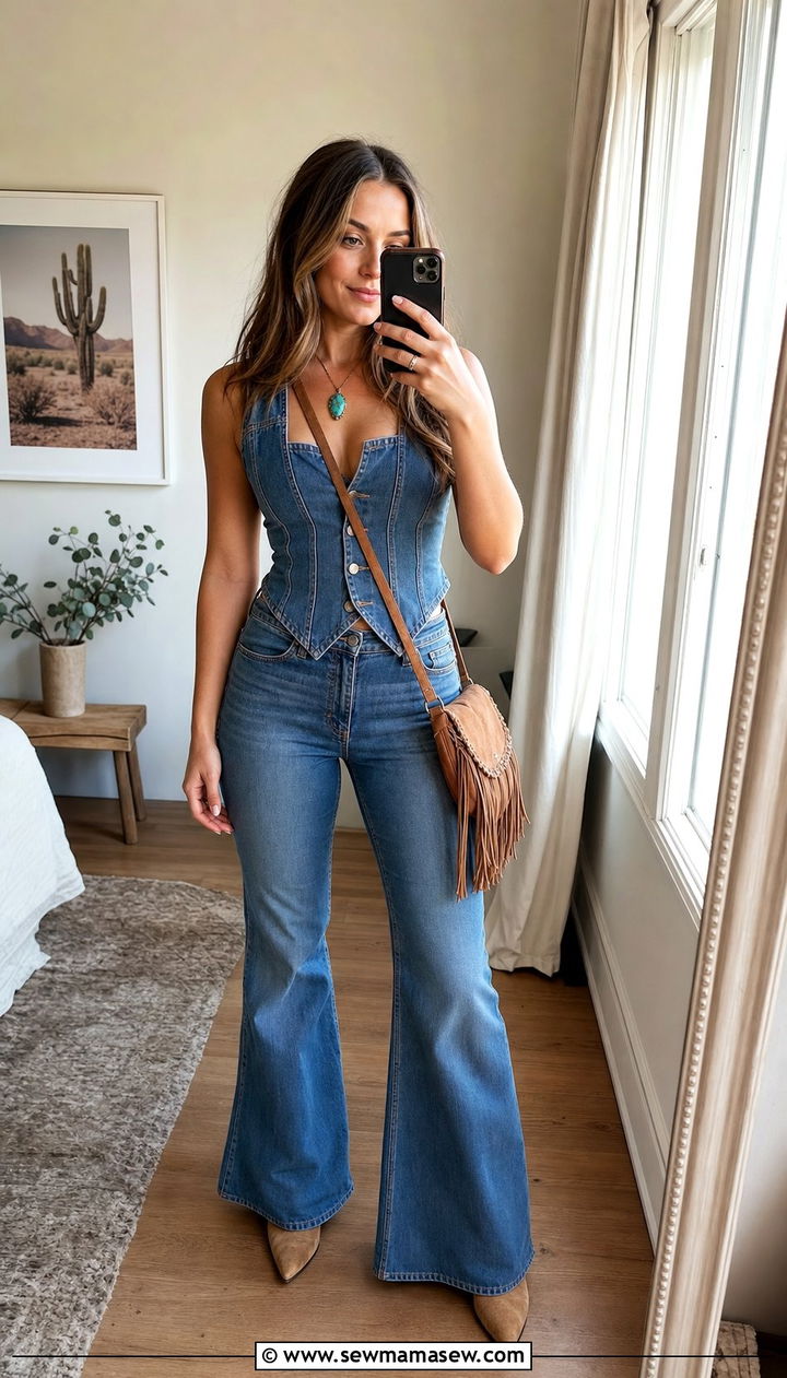 Denim Corset Vest with Flare Jeans and Fringe Crossbody - 25 concert outfits 2026