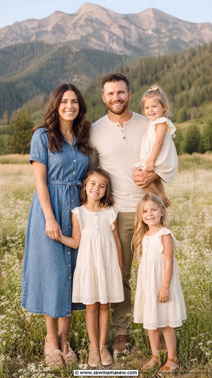 Denim Dress And Beige Neutrals Family Photo Outfits - 30 casual family photo outfits