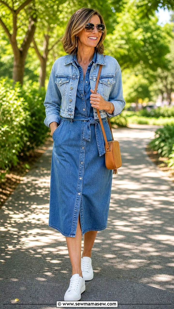 Denim Dress Layered with Denim Jacket - 25 Double denim outfit ideas over 40