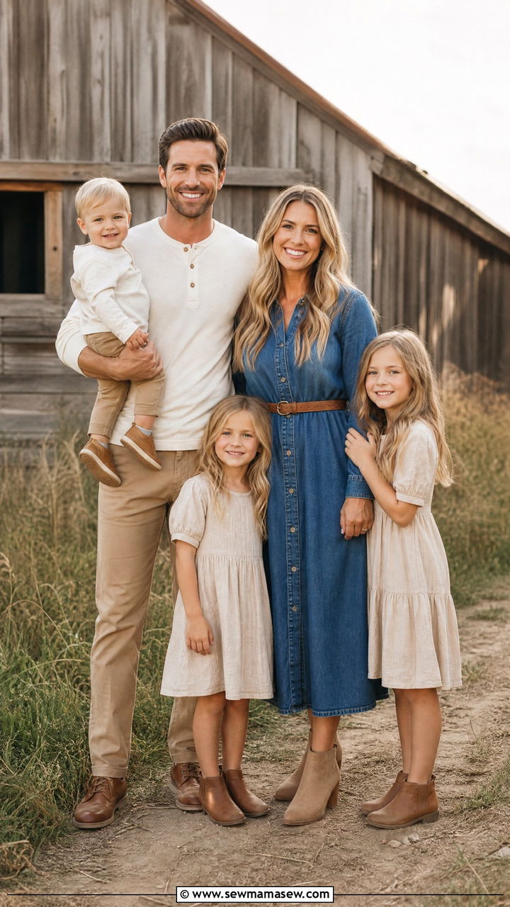 Denim Dress With Beige Neutrals For Countryside Photos - 30 family photo outfits ideas