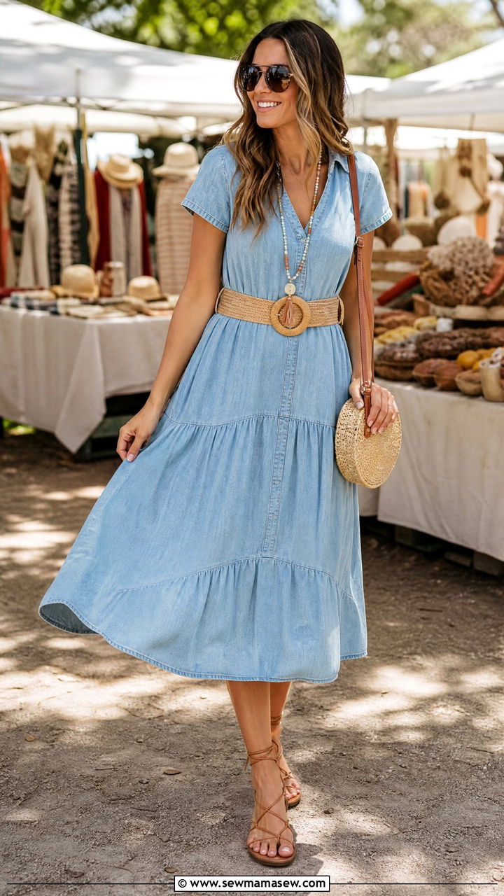 Denim Dress With Belt And Strappy Sandals - 30 How to style a denim dress