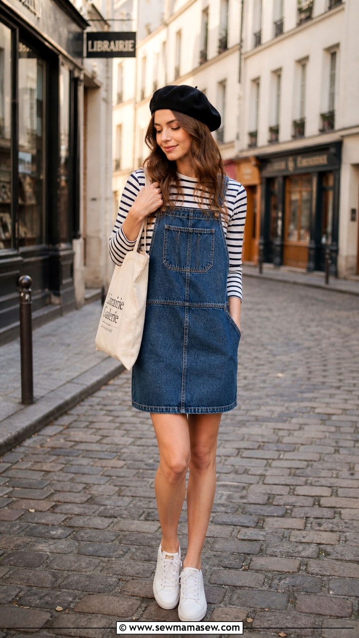 Denim Dress With Bomber Jacket And Sneakers - 40 Denim dress outfit ideas
