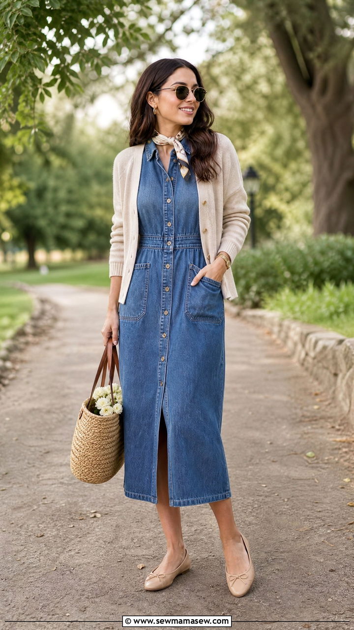 Denim Dress With Cardigan And Ballet Flats - 30 How to style a denim dress